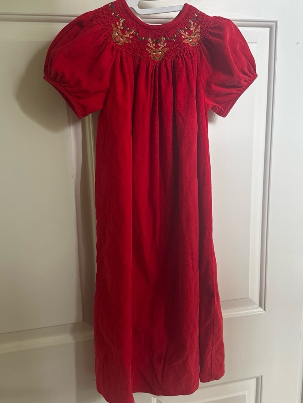 Girls' Red Hand Smocked size5 Puff-Sleeve Dress. 100% cotton fine corduroy